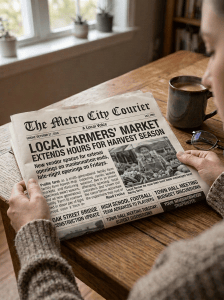 The Daily Chronicle newspaper with headline “Global Climate Accord Sealed in Paris,” beside coffee and glasses